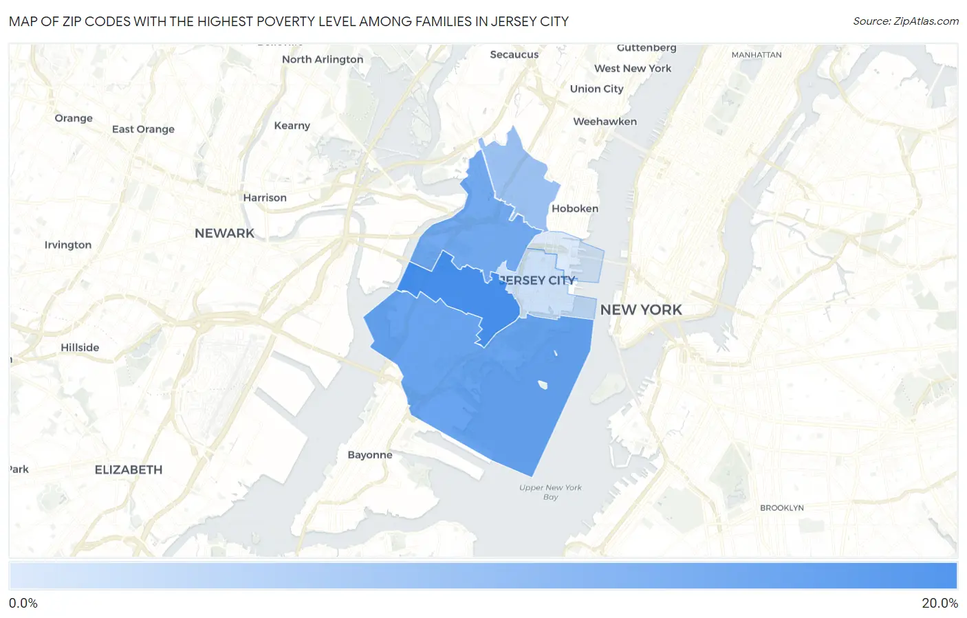 Zip Codes with the Highest Poverty Level Among Families in Jersey City Map