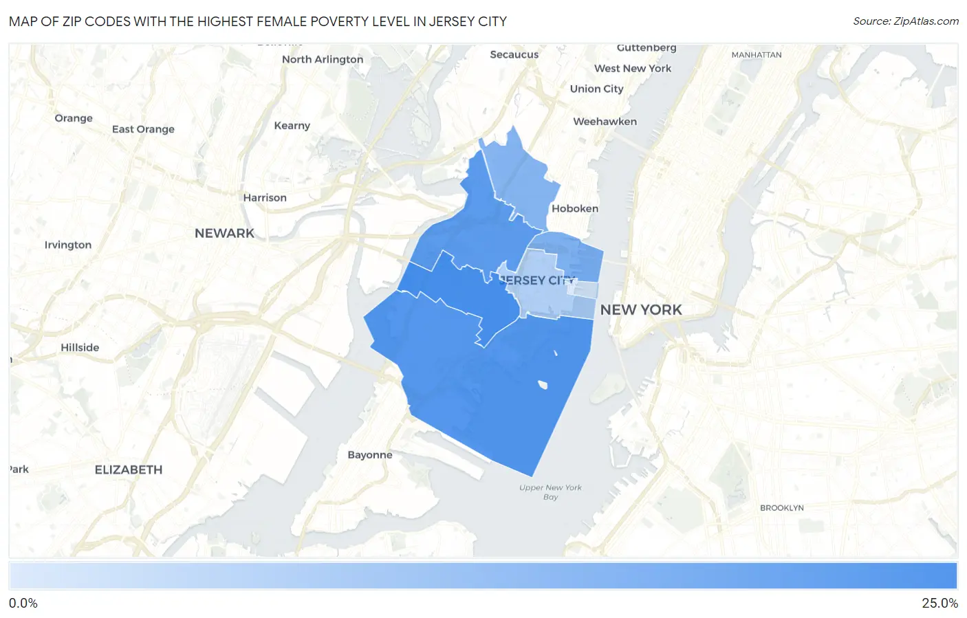 Zip Codes with the Highest Female Poverty Level in Jersey City Map