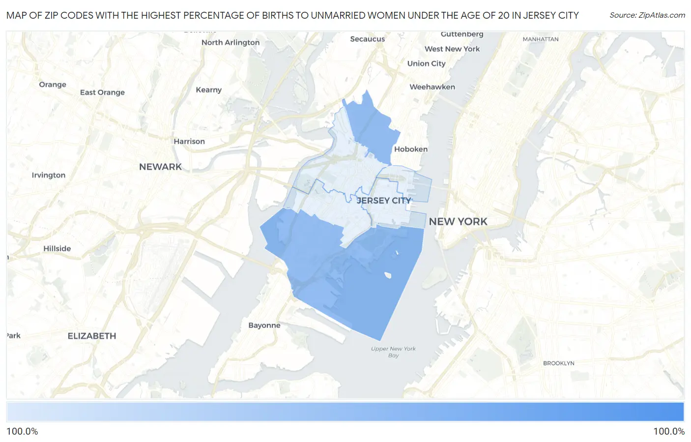 Zip Codes with the Highest Percentage of Births to Unmarried Women under the Age of 20 in Jersey City Map