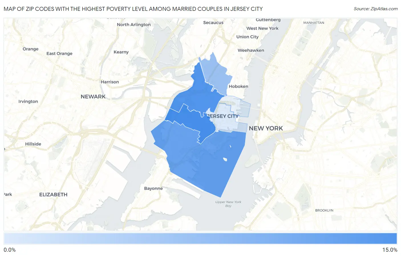 Zip Codes with the Highest Poverty Level Among Married Couples in Jersey City Map