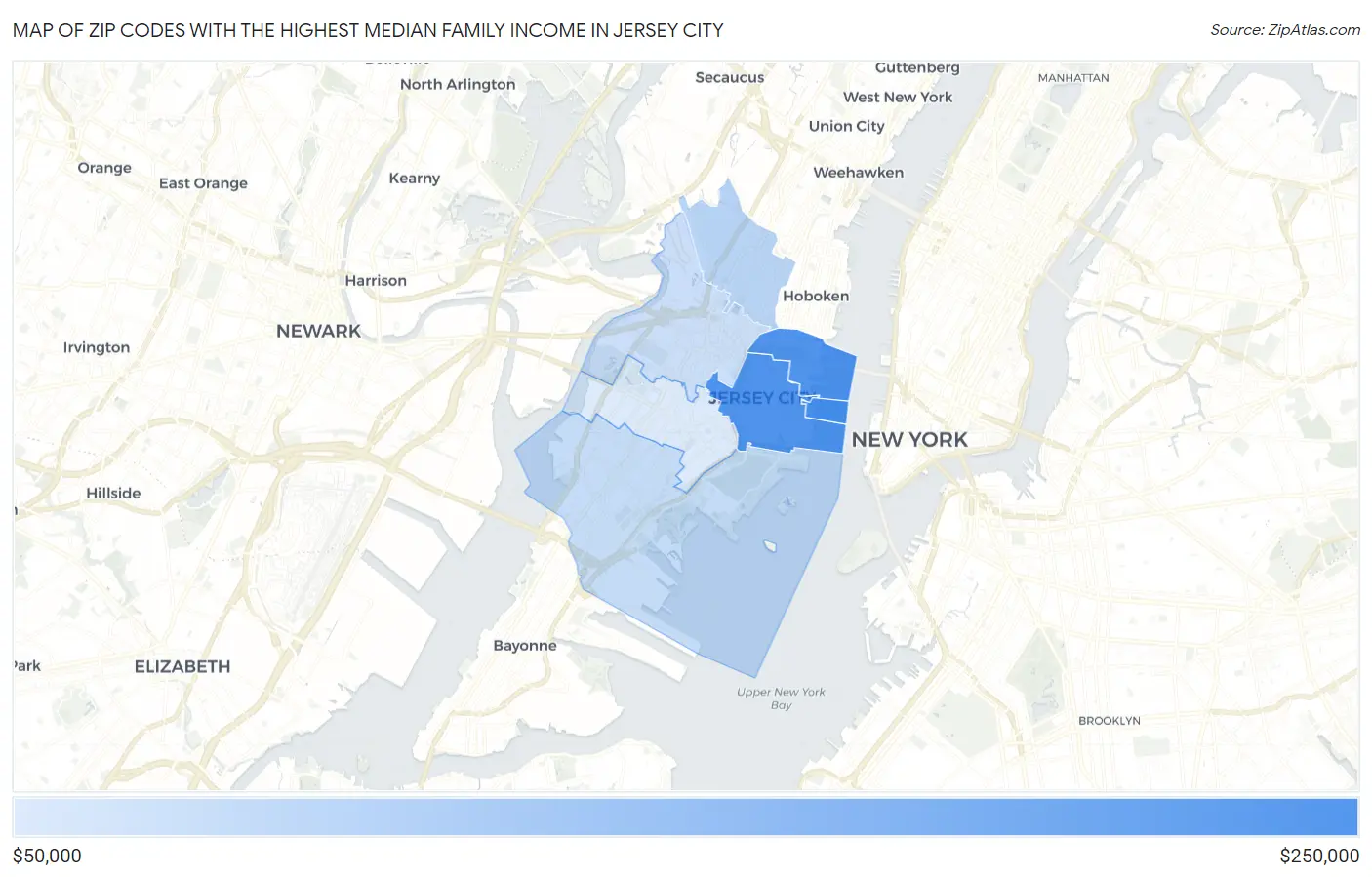 Zip Codes with the Highest Median Family Income in Jersey City Map