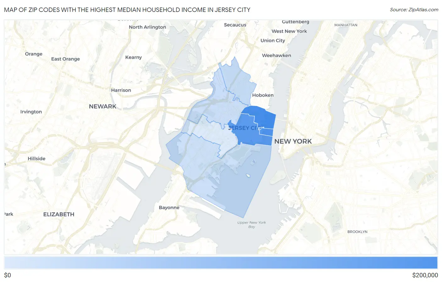 Zip Codes with the Highest Median Household Income in Jersey City Map