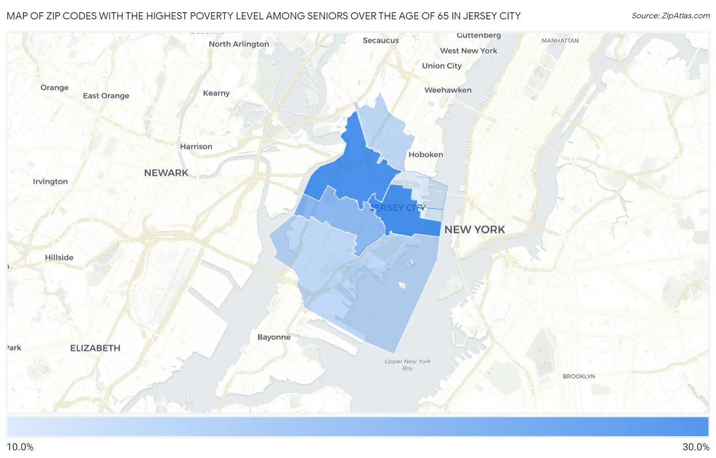 Zip Codes with the Highest Poverty Level Among Seniors Over the Age of 65 in Jersey City Map