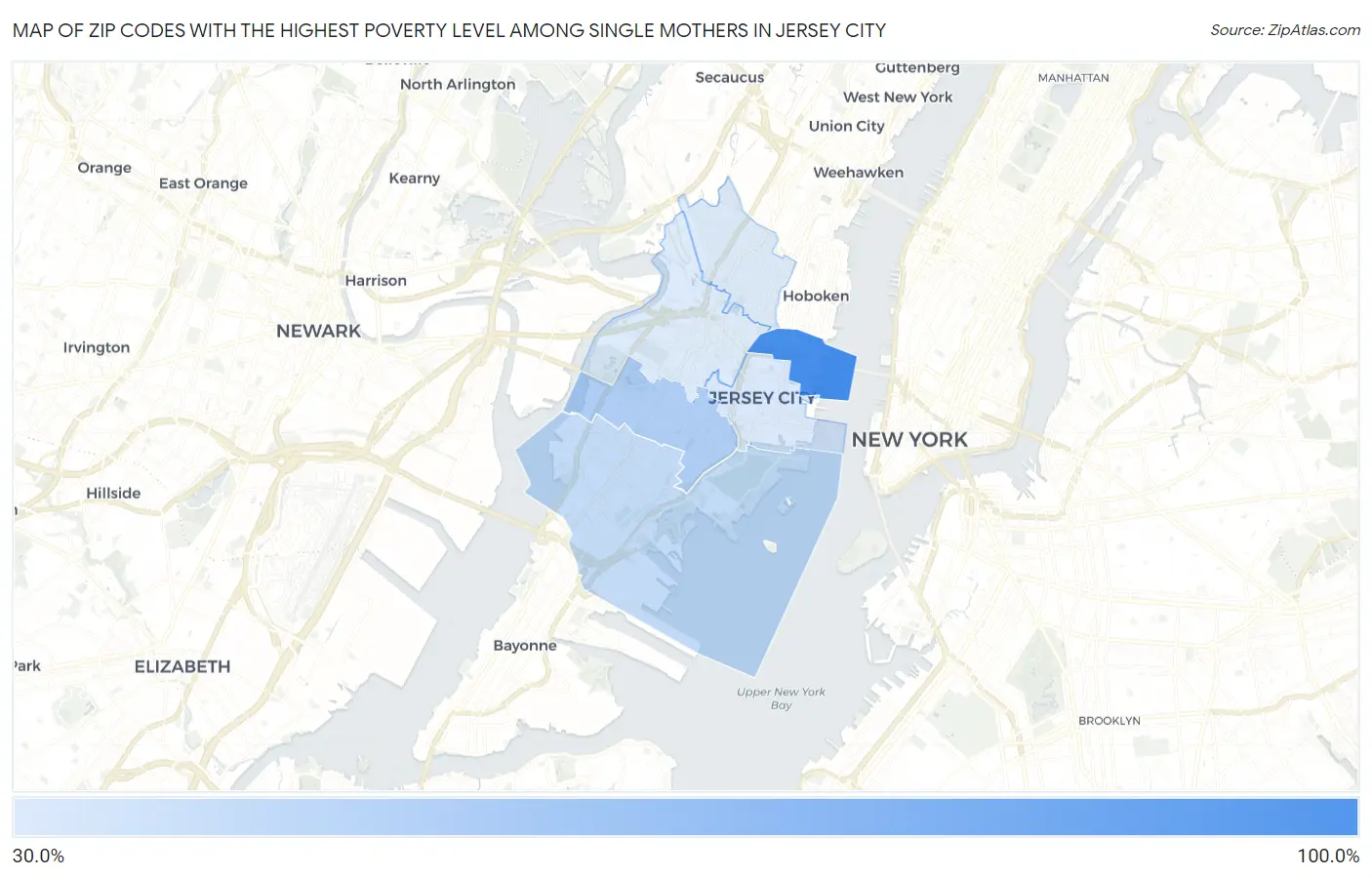 Zip Codes with the Highest Poverty Level Among Single Mothers in Jersey City Map