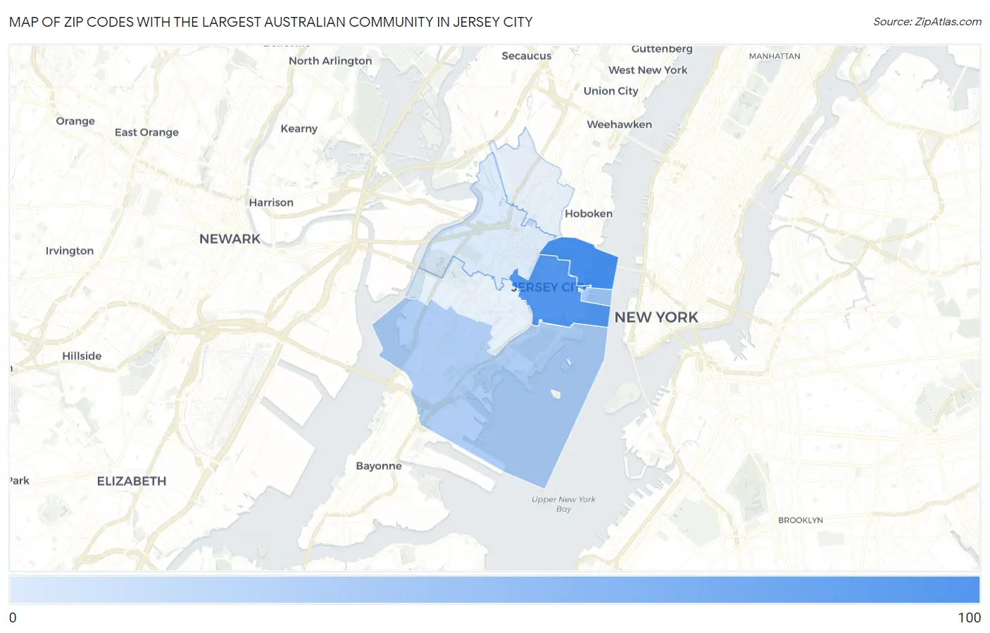 Zip Codes with the Largest Australian Community in Jersey City Map