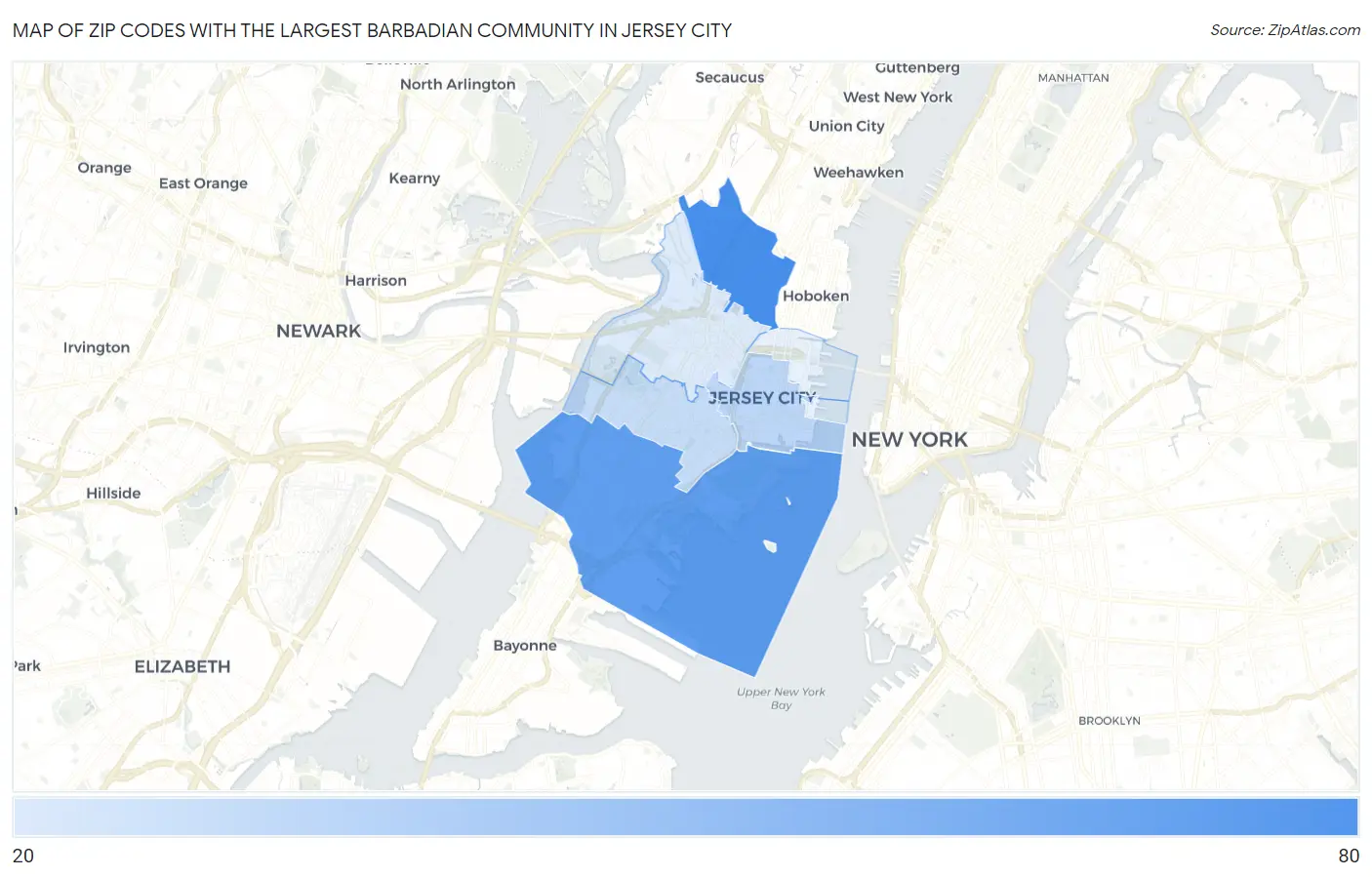 Zip Codes with the Largest Barbadian Community in Jersey City Map