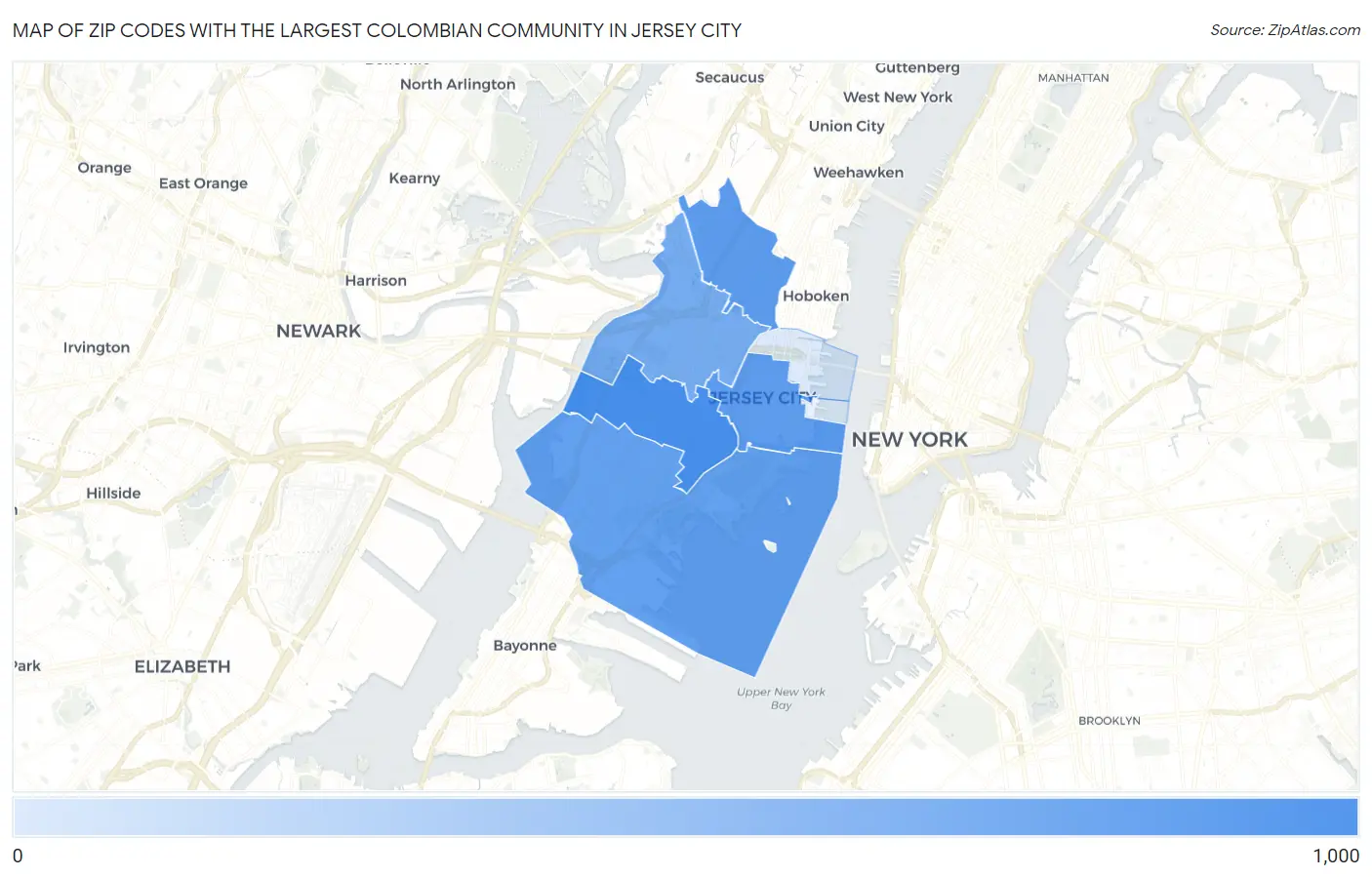 Zip Codes with the Largest Colombian Community in Jersey City Map