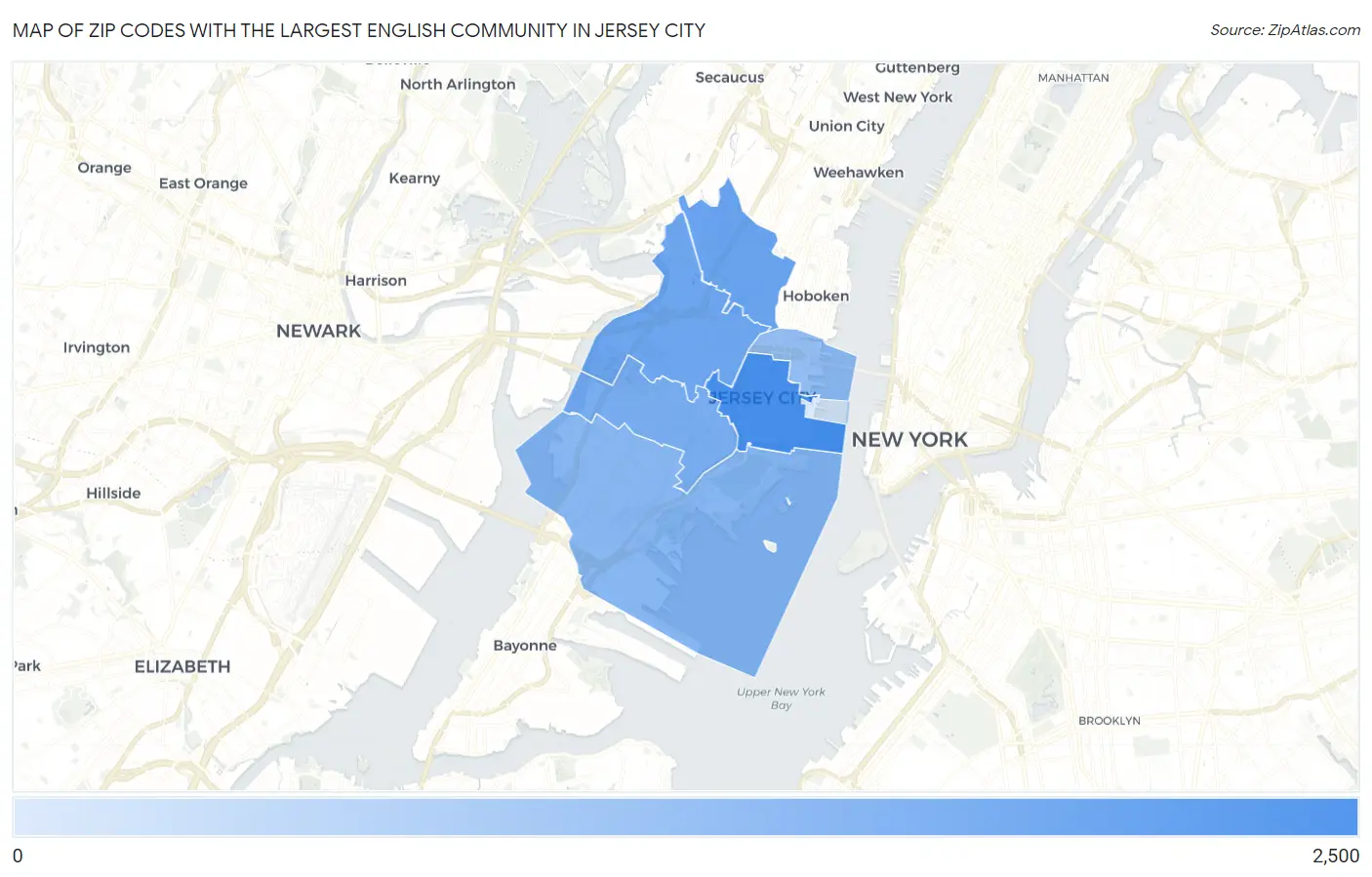 Zip Codes with the Largest English Community in Jersey City Map