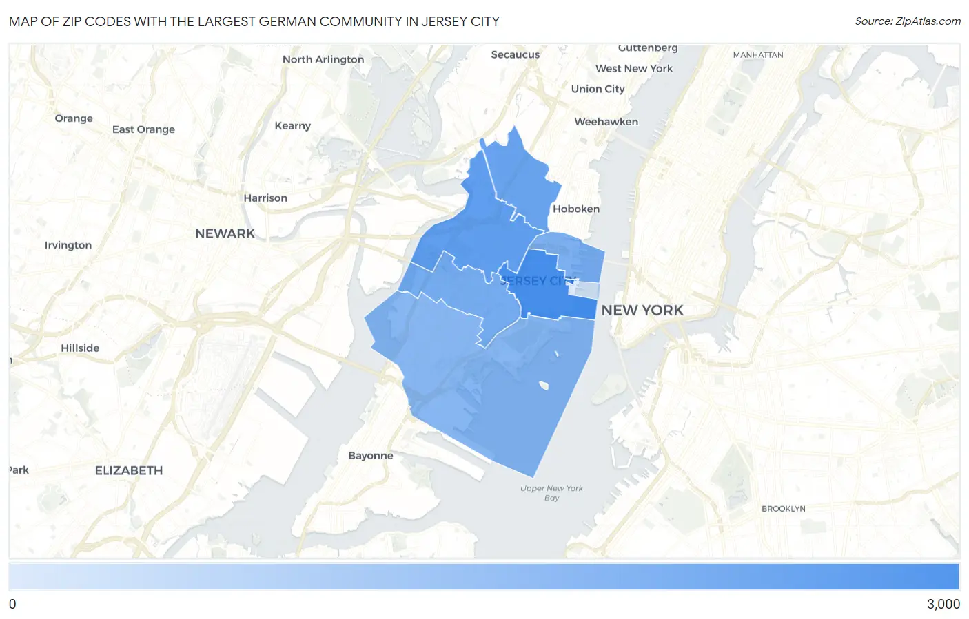 Zip Codes with the Largest German Community in Jersey City Map