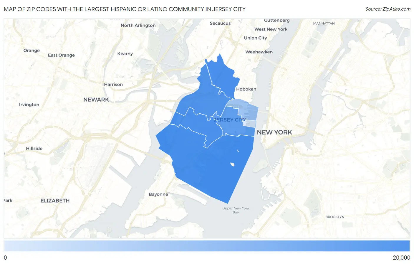 Zip Codes with the Largest Hispanic or Latino Community in Jersey City Map