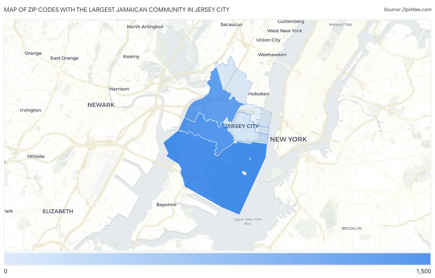 Zip Codes with the Largest Jamaican Community in Jersey City Map