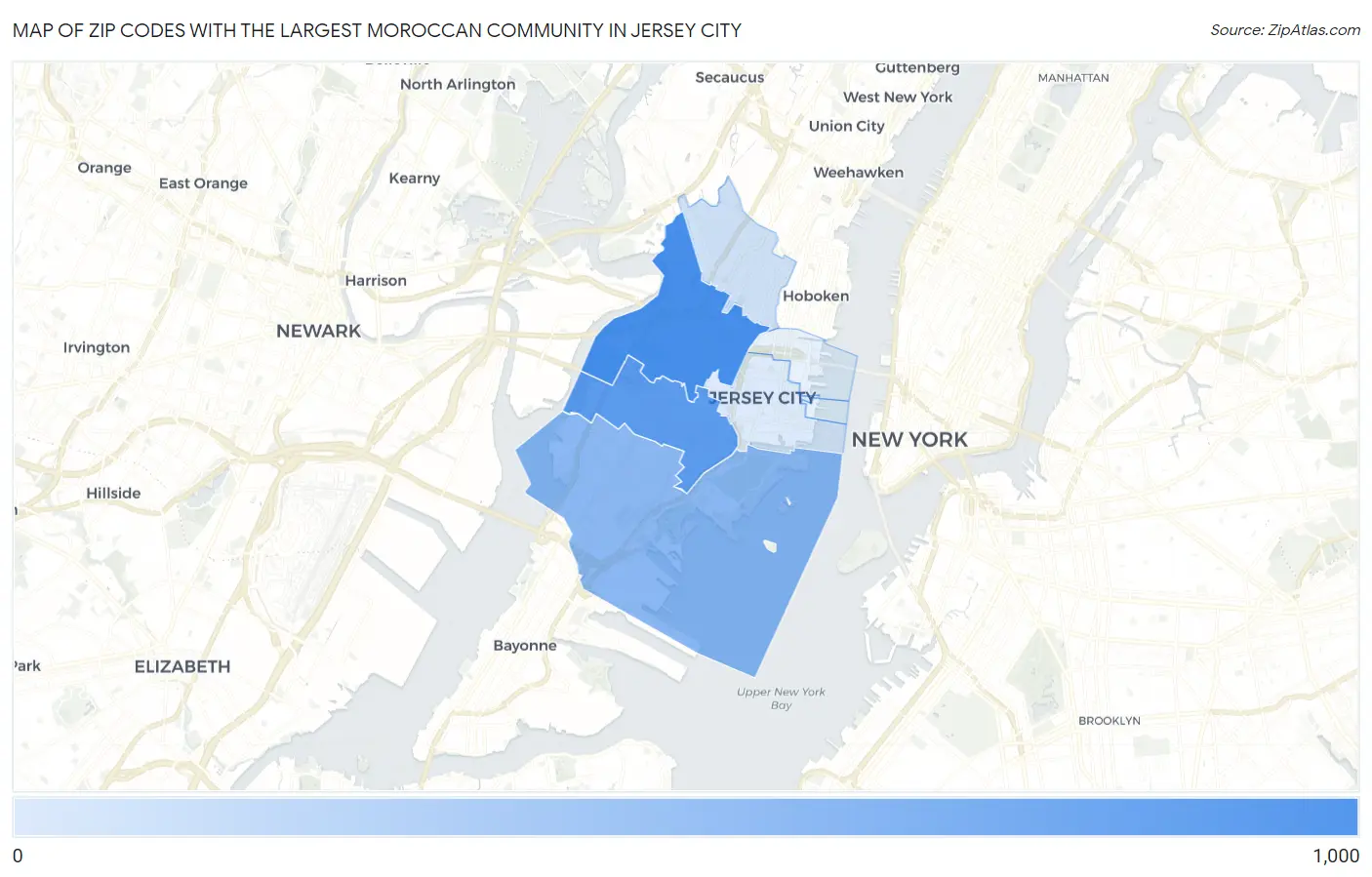 Zip Codes with the Largest Moroccan Community in Jersey City Map