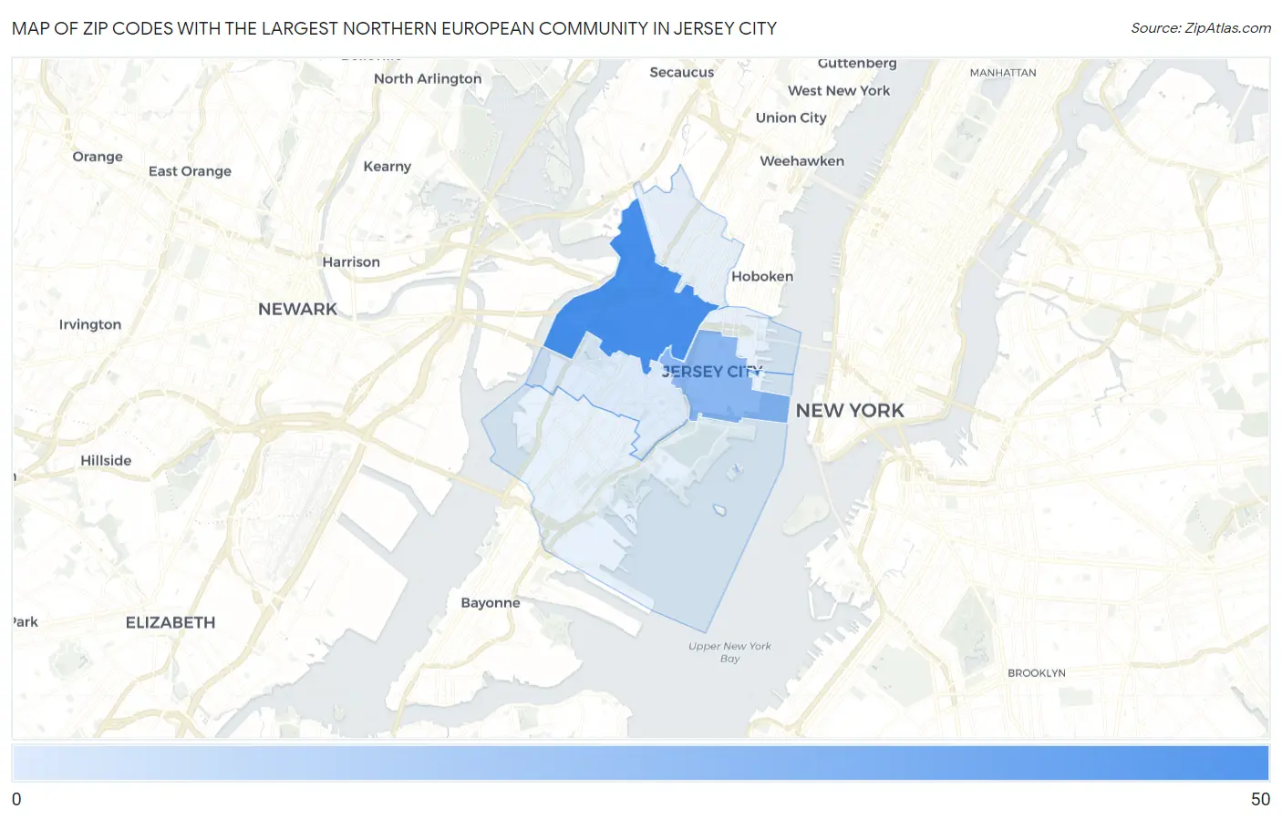 Zip Codes with the Largest Northern European Community in Jersey City Map