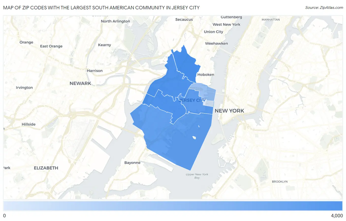 Zip Codes with the Largest South American Community in Jersey City Map