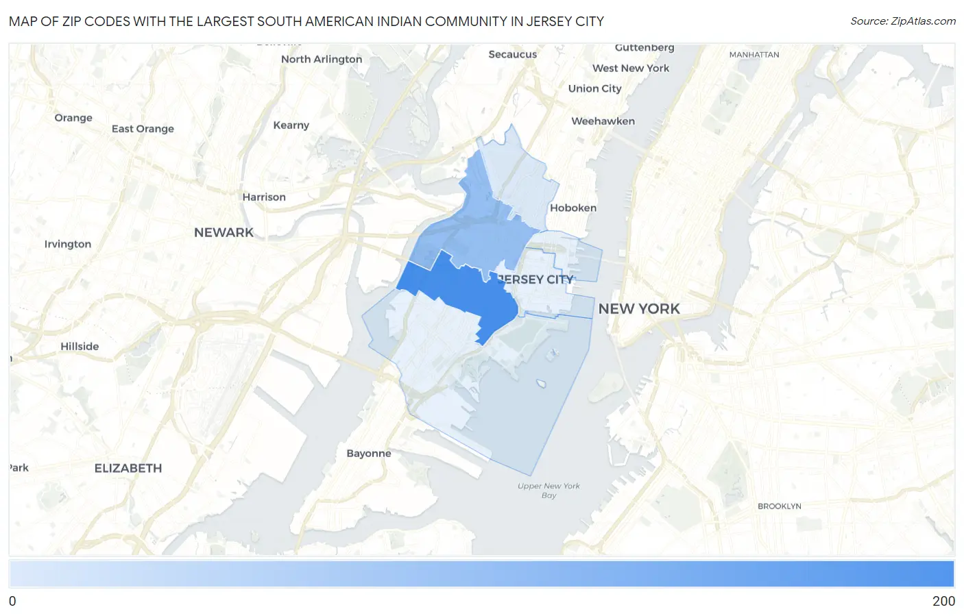 Zip Codes with the Largest South American Indian Community in Jersey City Map