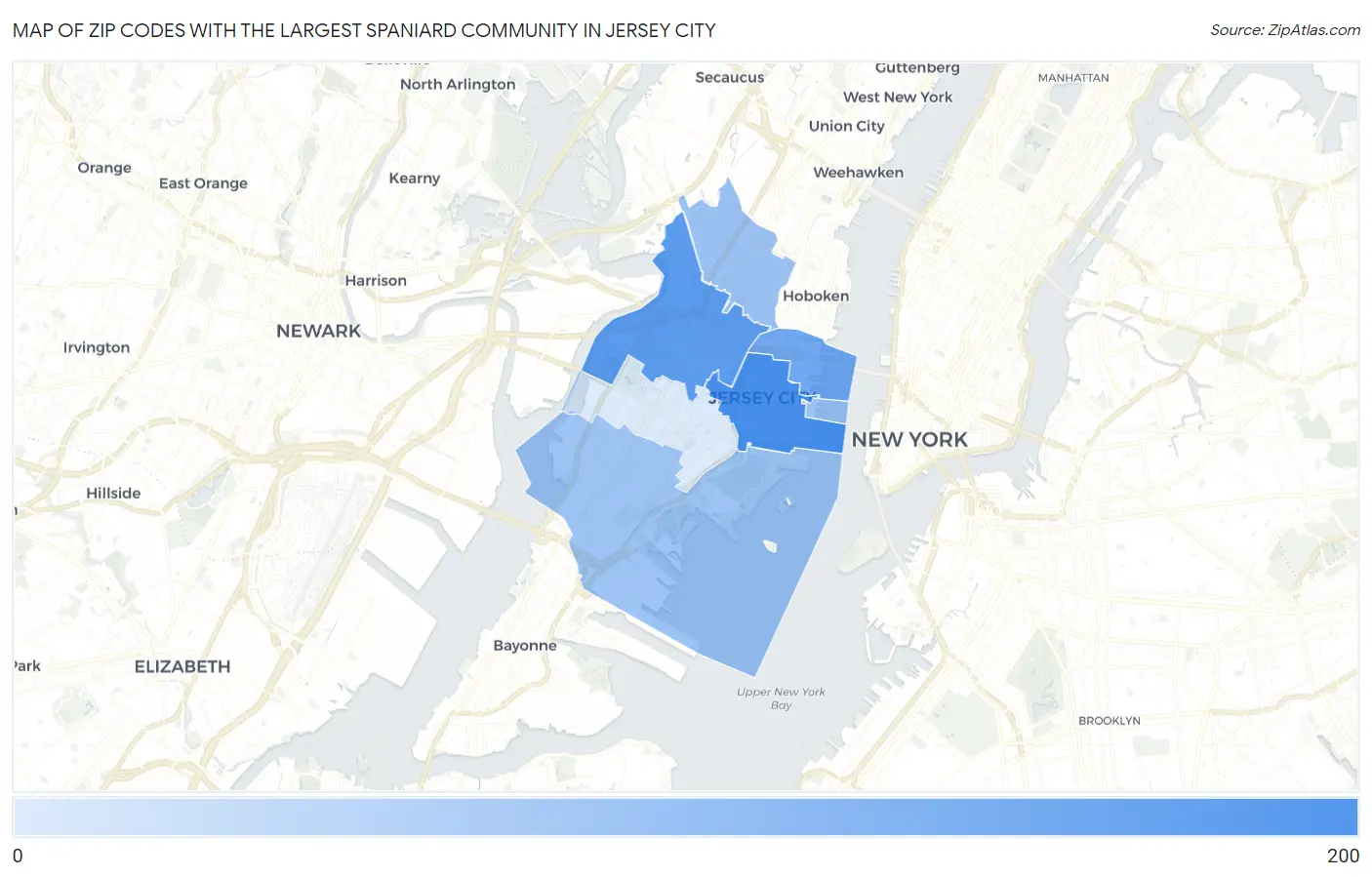Zip Codes with the Largest Spaniard Community in Jersey City Map
