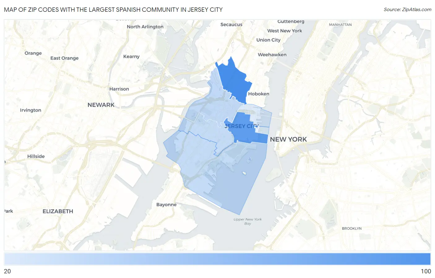 Zip Codes with the Largest Spanish Community in Jersey City Map