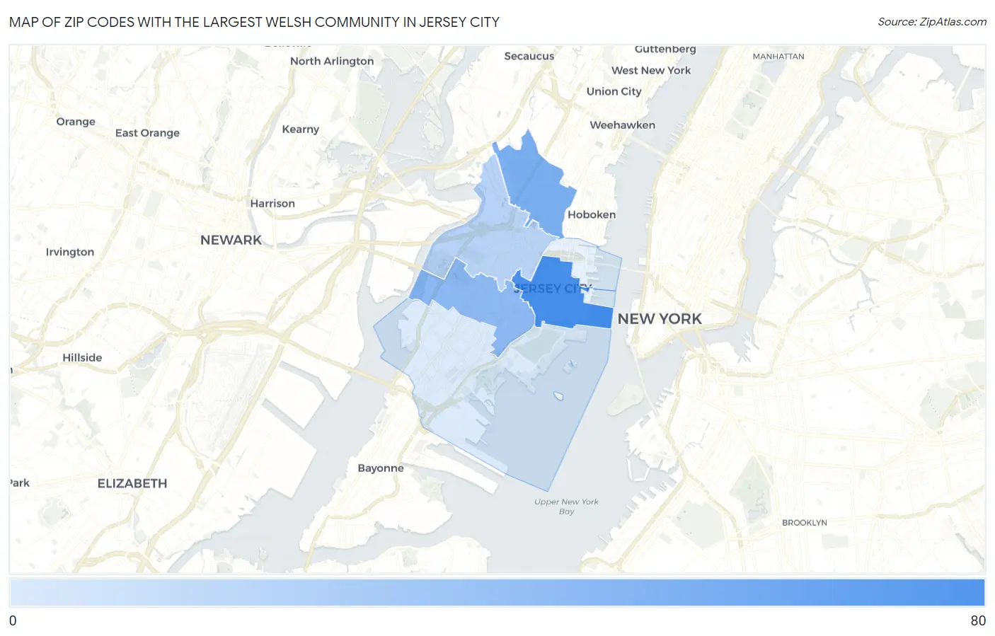 Zip Codes with the Largest Welsh Community in Jersey City Map