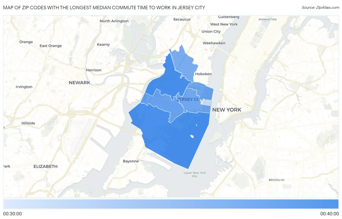 Zip Codes with the Longest Median Commute Time to Work in Jersey City Map