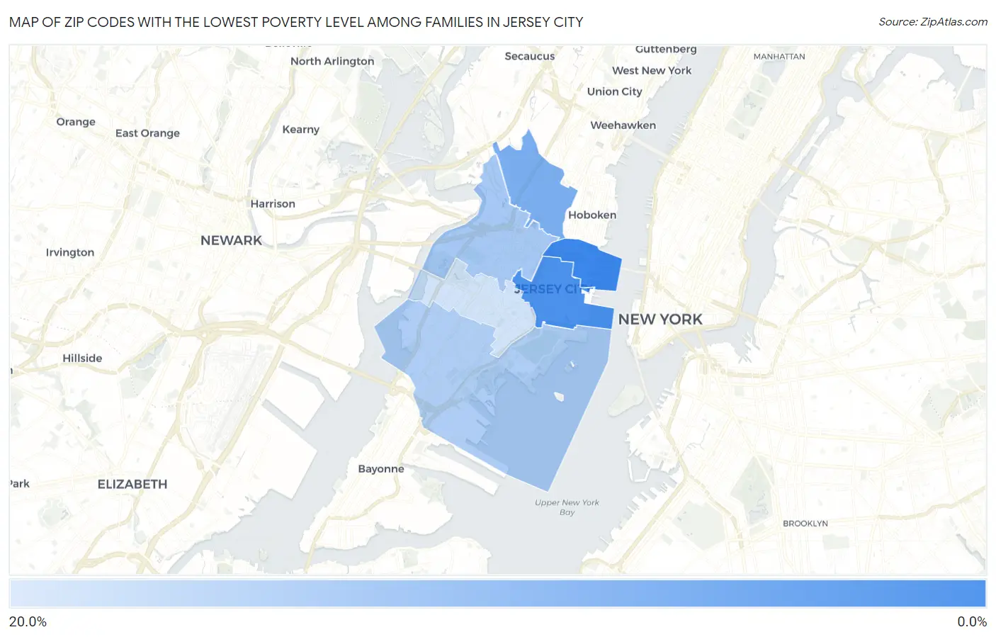 Zip Codes with the Lowest Poverty Level Among Families in Jersey City Map