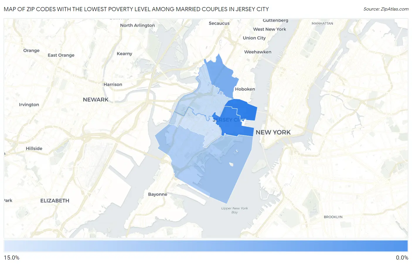 Zip Codes with the Lowest Poverty Level Among Married Couples in Jersey City Map