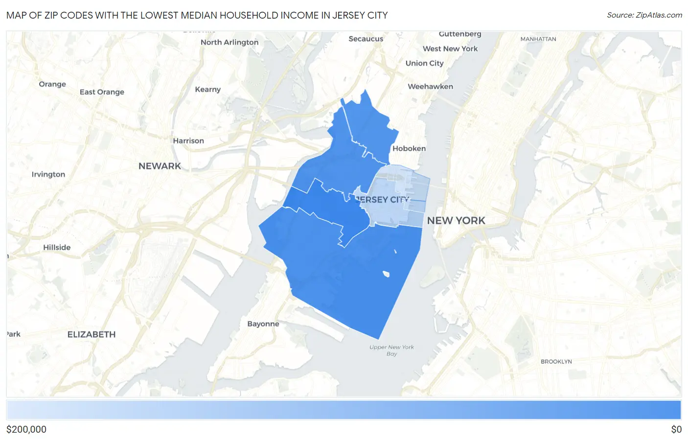 Zip Codes with the Lowest Median Household Income in Jersey City Map