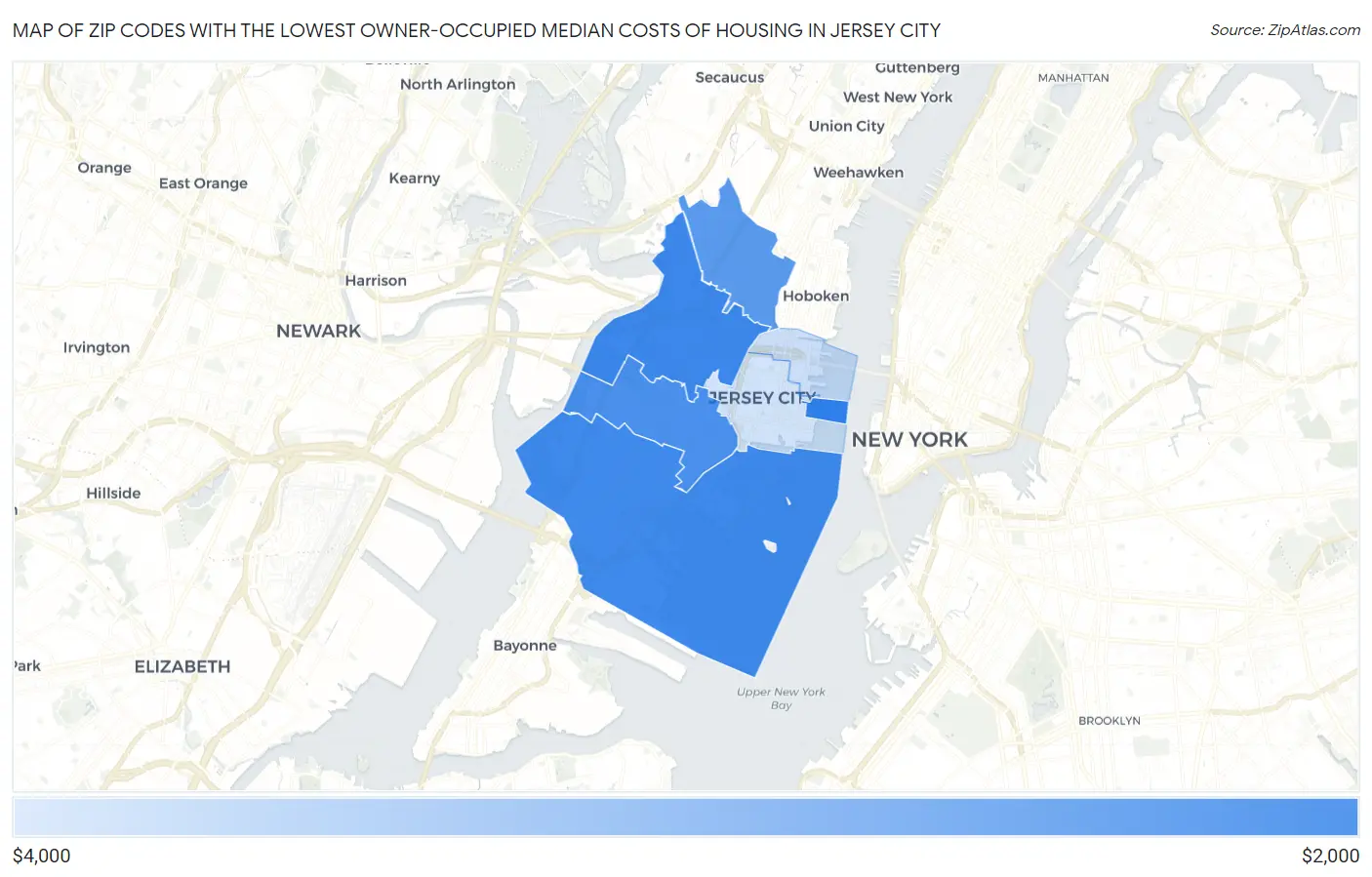 Zip Codes with the Lowest Owner-Occupied Median Costs of Housing in Jersey City Map