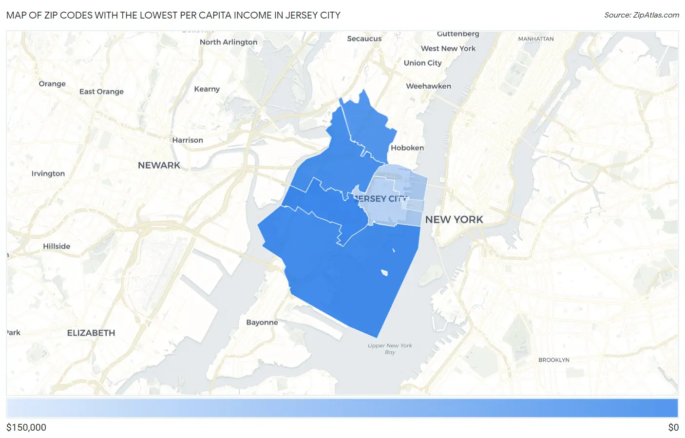Zip Codes with the Lowest Per Capita Income in Jersey City Map