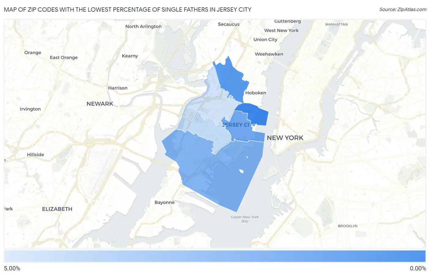 Zip Codes with the Lowest Percentage of Single Fathers in Jersey City Map