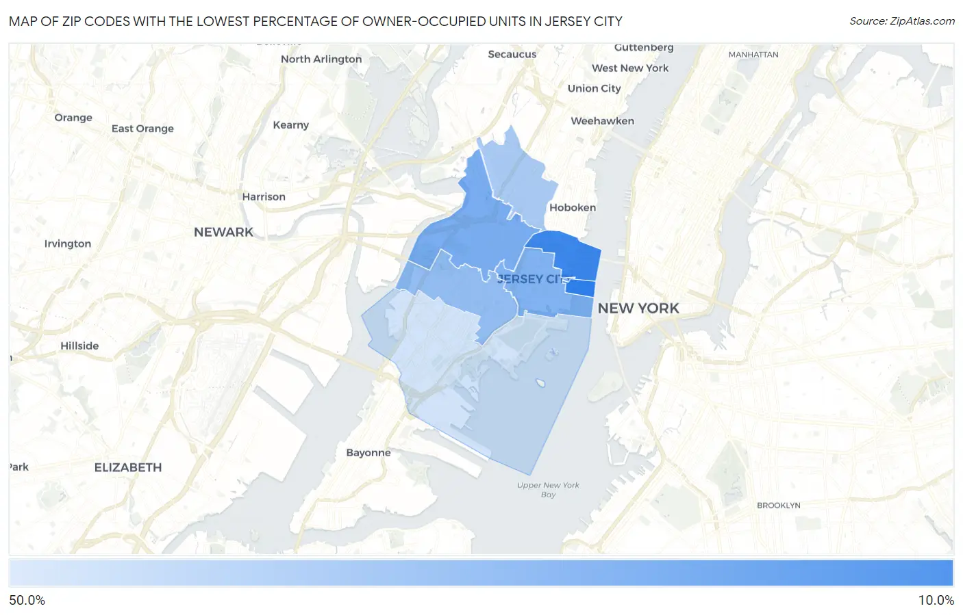 Zip Codes with the Lowest Percentage of Owner-Occupied Units in Jersey City Map