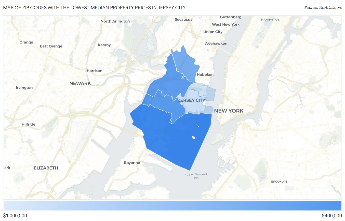 Zip Codes with the Lowest Median Property Prices in Jersey City Map