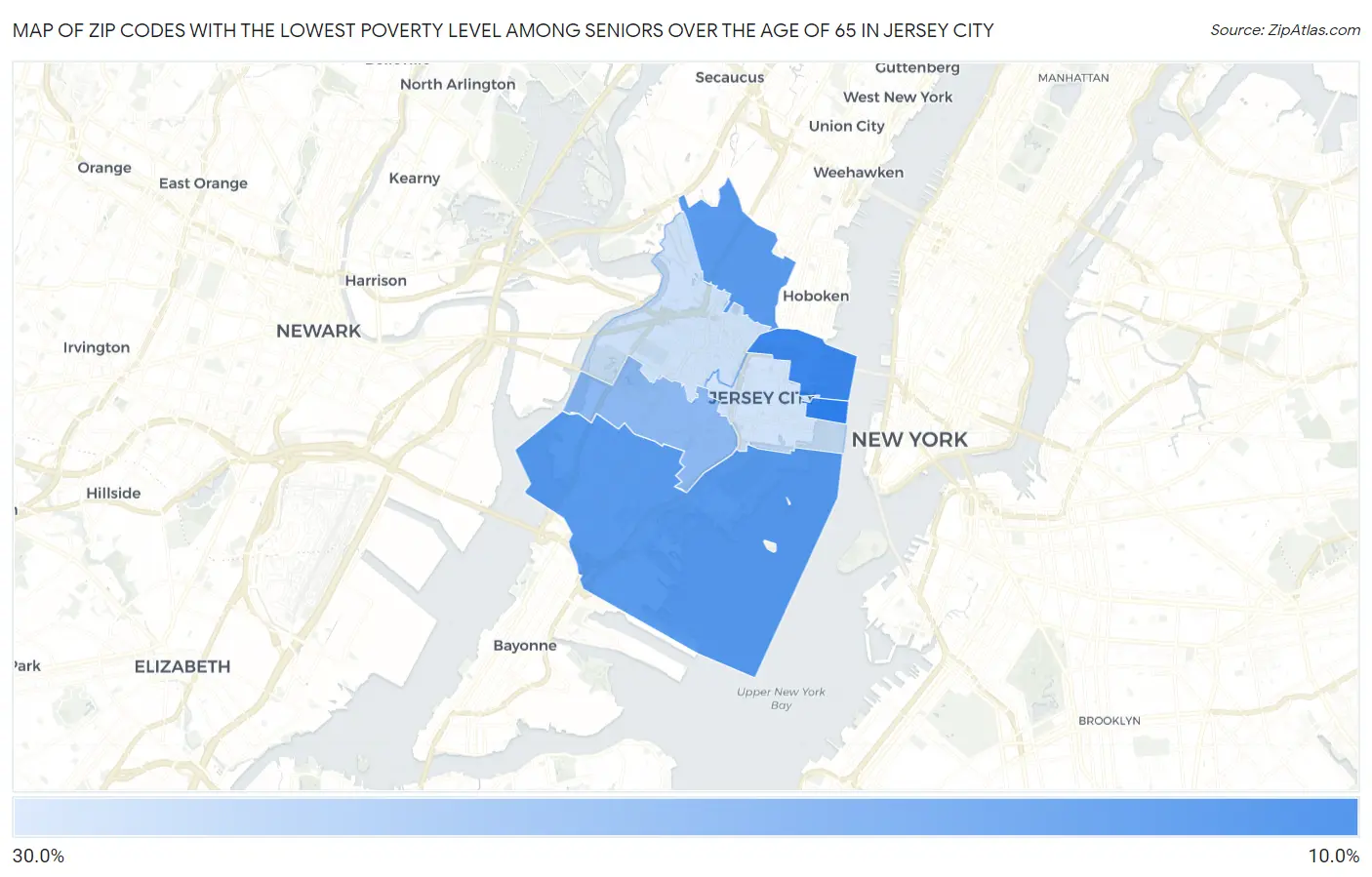 Zip Codes with the Lowest Poverty Level Among Seniors Over the Age of 65 in Jersey City Map