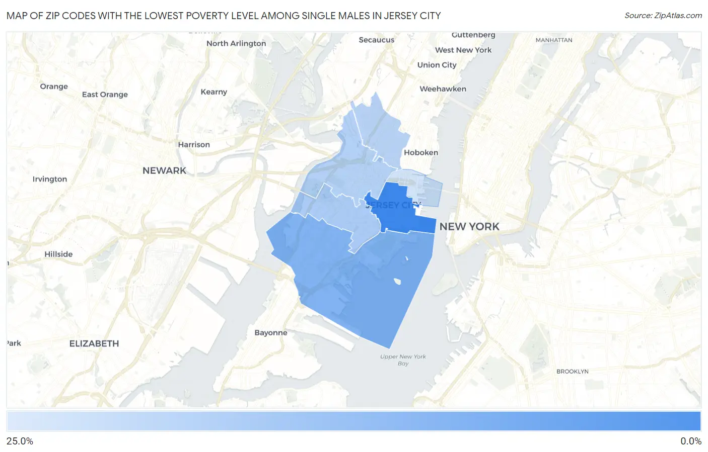 Zip Codes with the Lowest Poverty Level Among Single Males in Jersey City Map