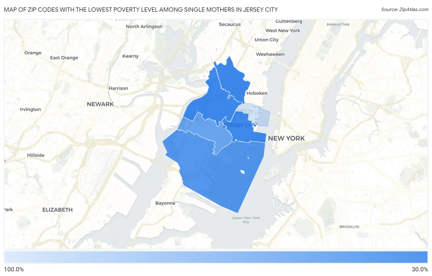 Zip Codes with the Lowest Poverty Level Among Single Mothers in Jersey City Map
