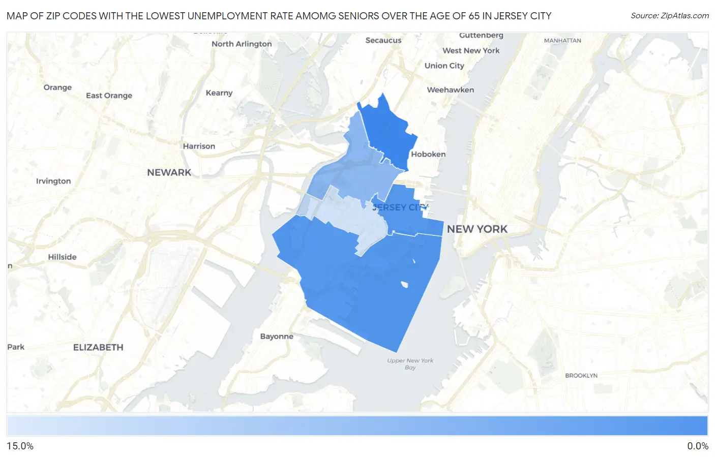 Zip Codes with the Lowest Unemployment Rate Amomg Seniors Over the Age of 65 in Jersey City Map