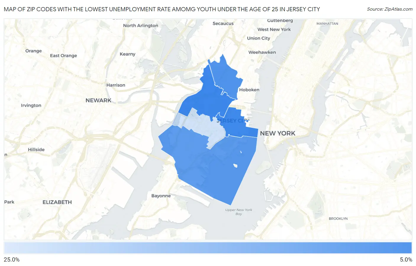 Zip Codes with the Lowest Unemployment Rate Amomg Youth Under the Age of 25 in Jersey City Map