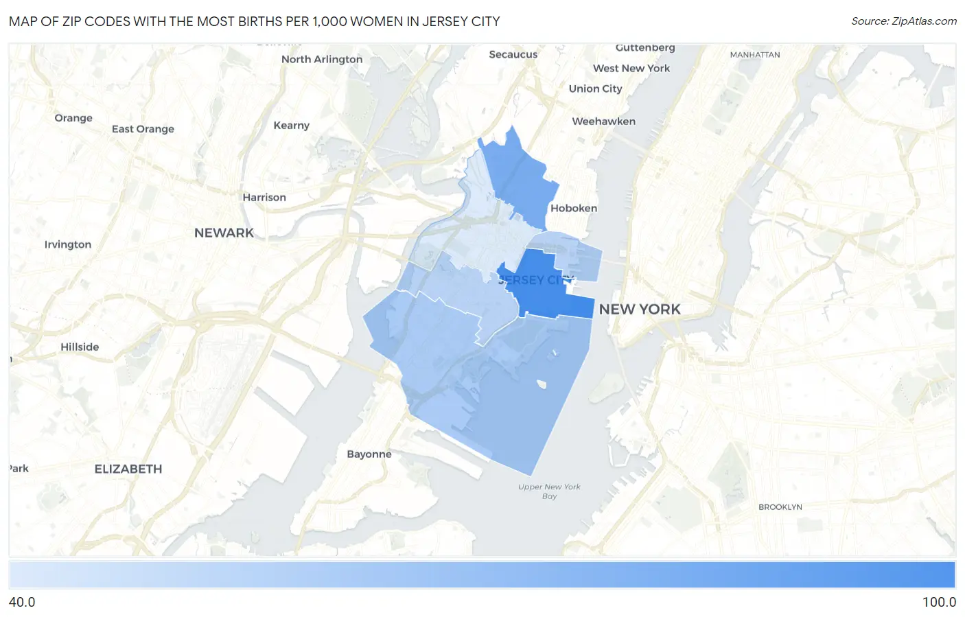 Zip Codes with the Most Births per 1,000 Women in Jersey City Map
