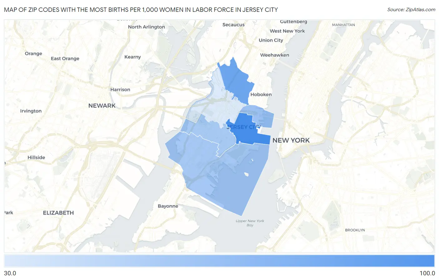 Zip Codes with the Most Births per 1,000 Women in Labor Force in Jersey City Map
