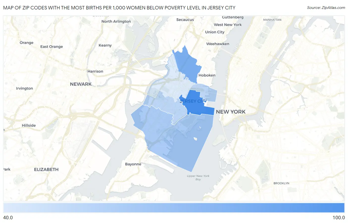 Zip Codes with the Most Births per 1,000 Women Below Poverty Level in Jersey City Map