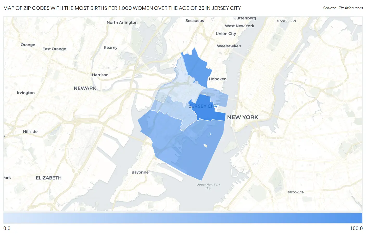 Zip Codes with the Most Births per 1,000 Women Over the Age of 35 in Jersey City Map