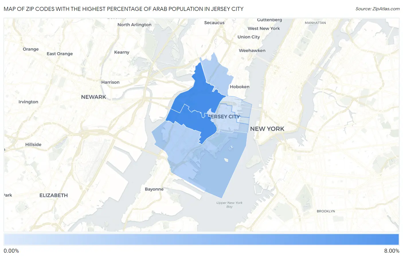 Zip Codes with the Highest Percentage of Arab Population in Jersey City Map