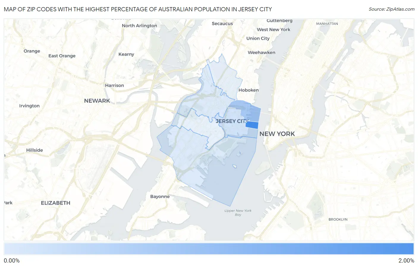 Zip Codes with the Highest Percentage of Australian Population in Jersey City Map