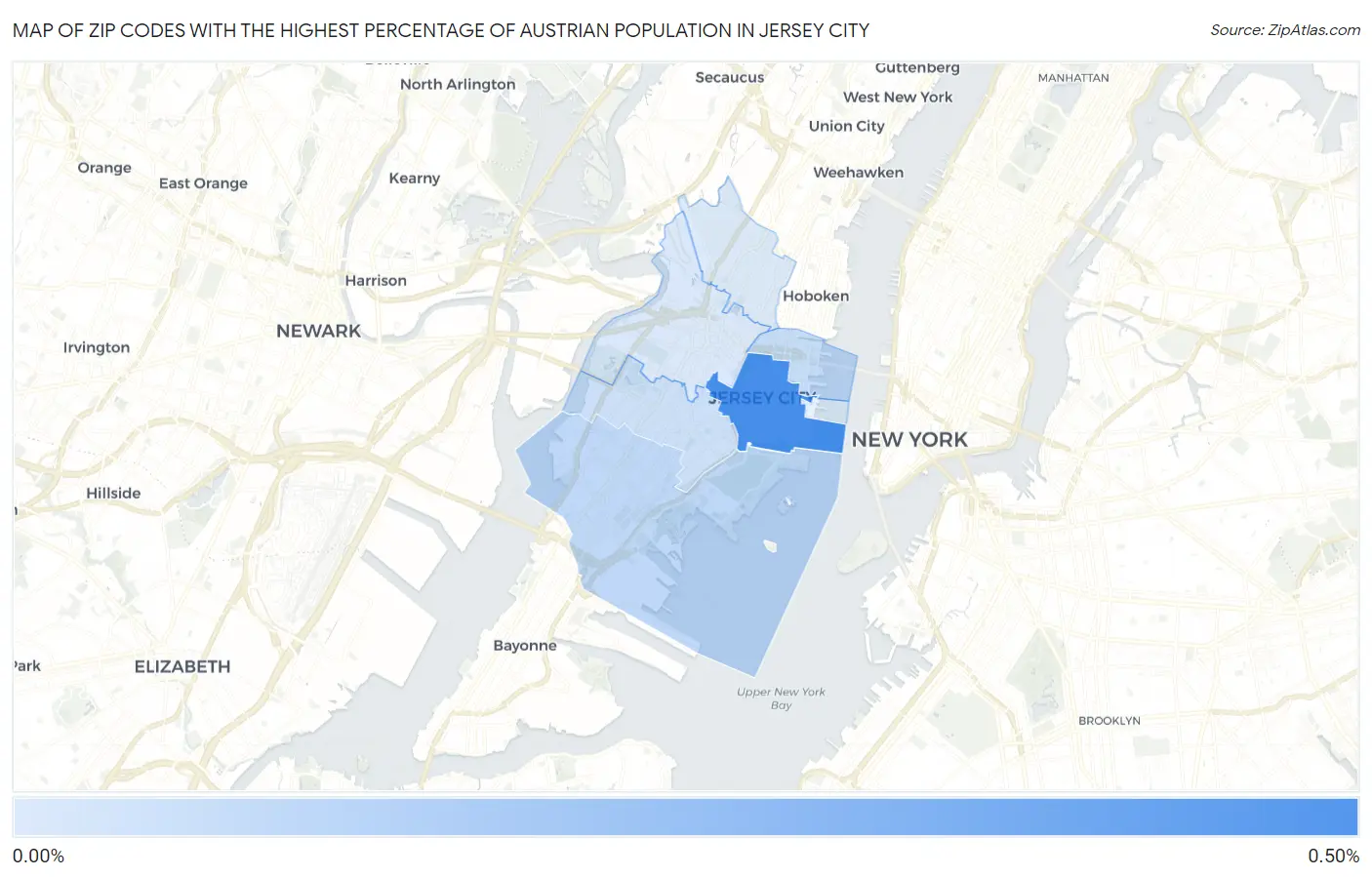 Zip Codes with the Highest Percentage of Austrian Population in Jersey City Map