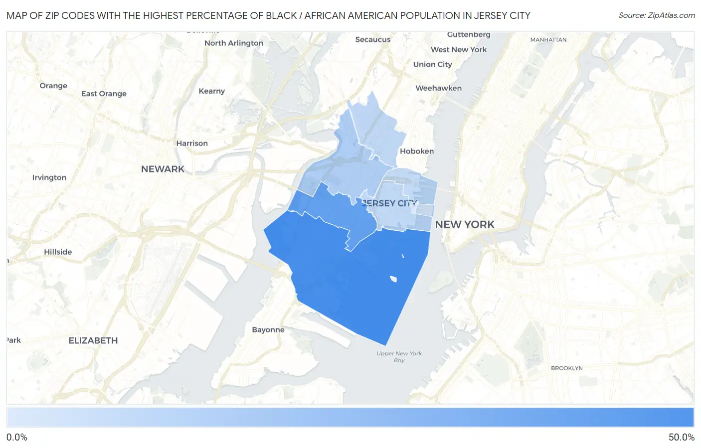 Zip Codes with the Highest Percentage of Black / African American Population in Jersey City Map