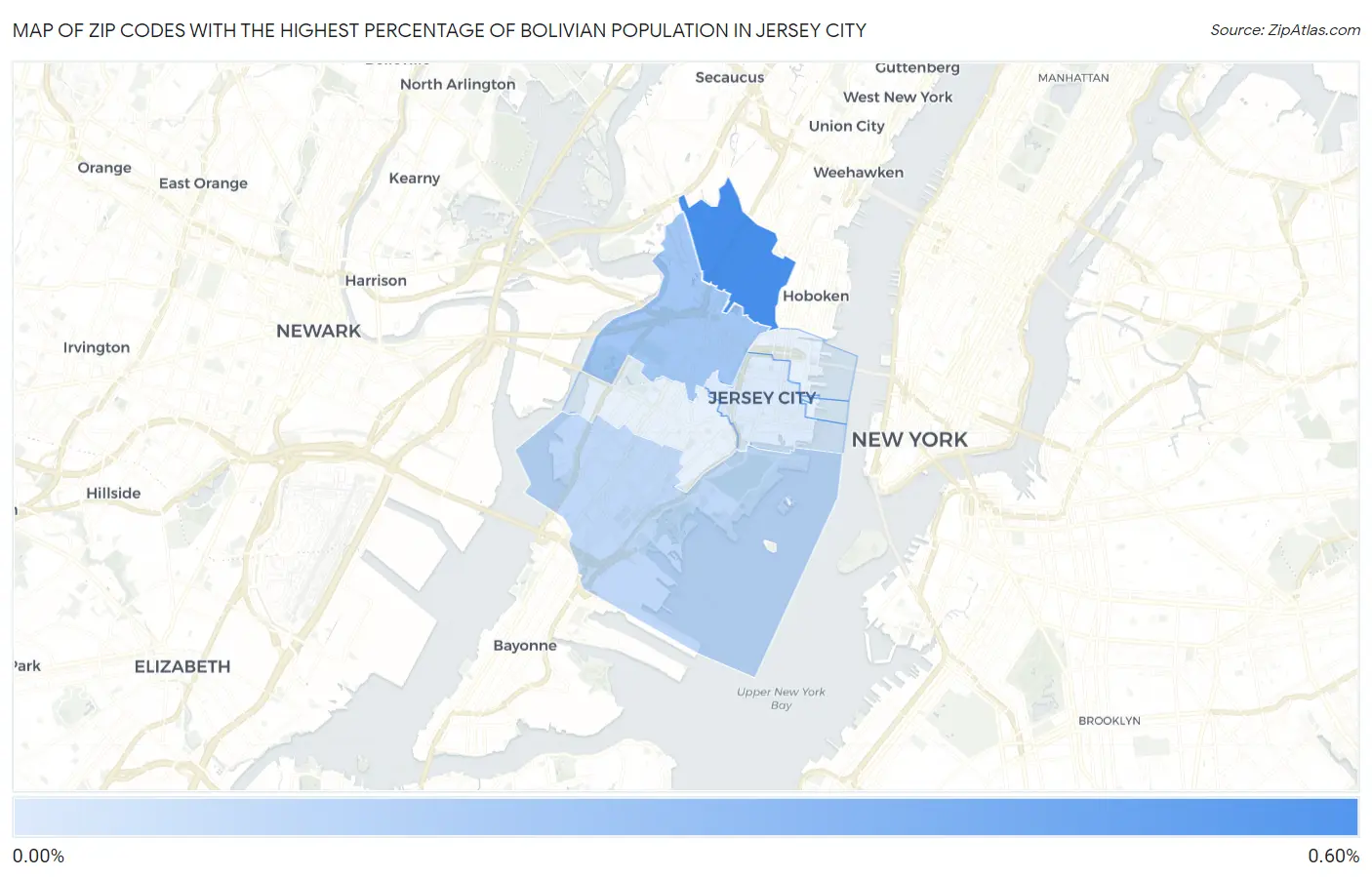 Zip Codes with the Highest Percentage of Bolivian Population in Jersey City Map
