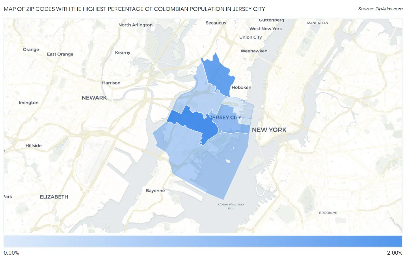 Zip Codes with the Highest Percentage of Colombian Population in Jersey City Map