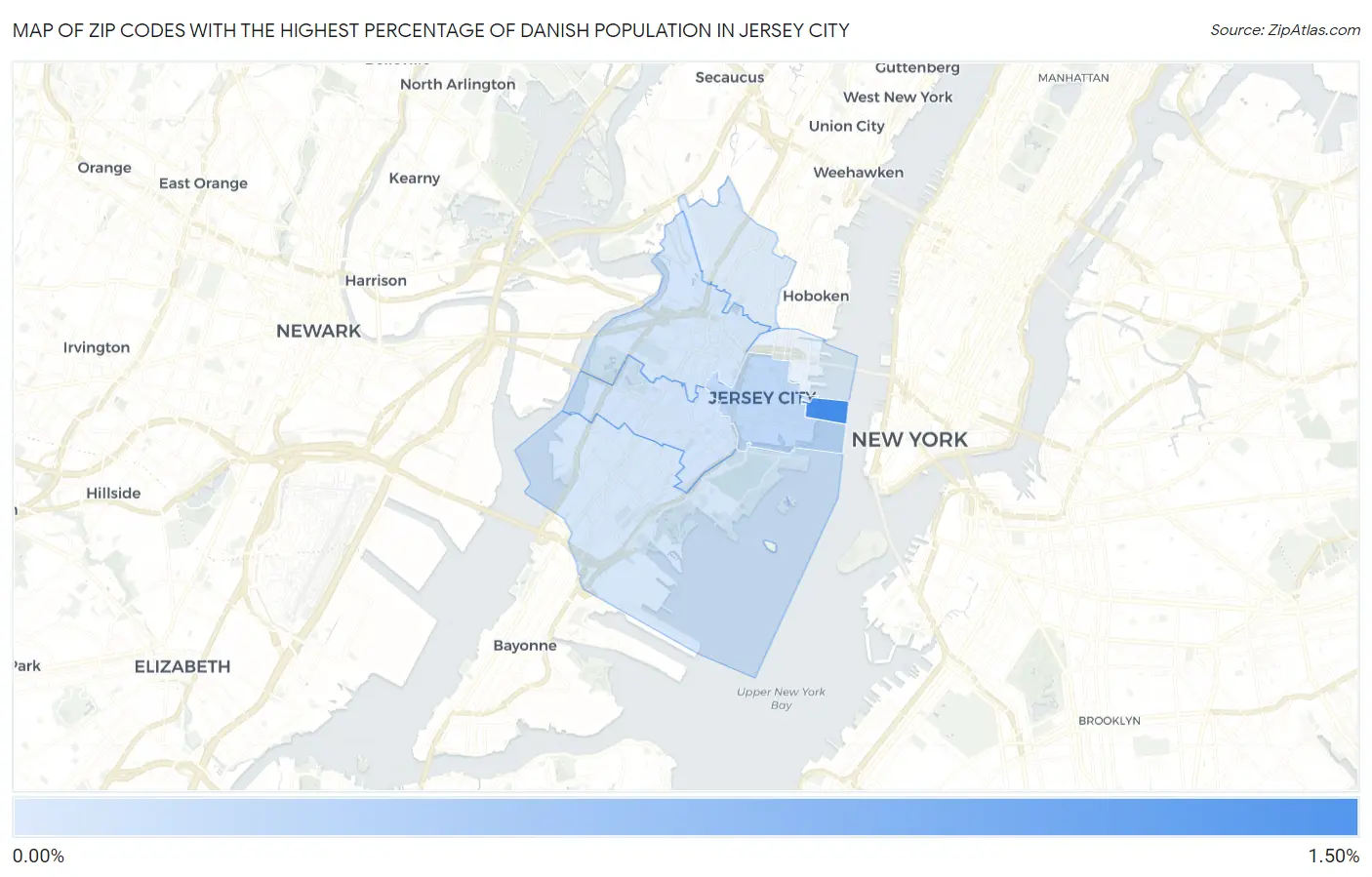 Zip Codes with the Highest Percentage of Danish Population in Jersey City Map