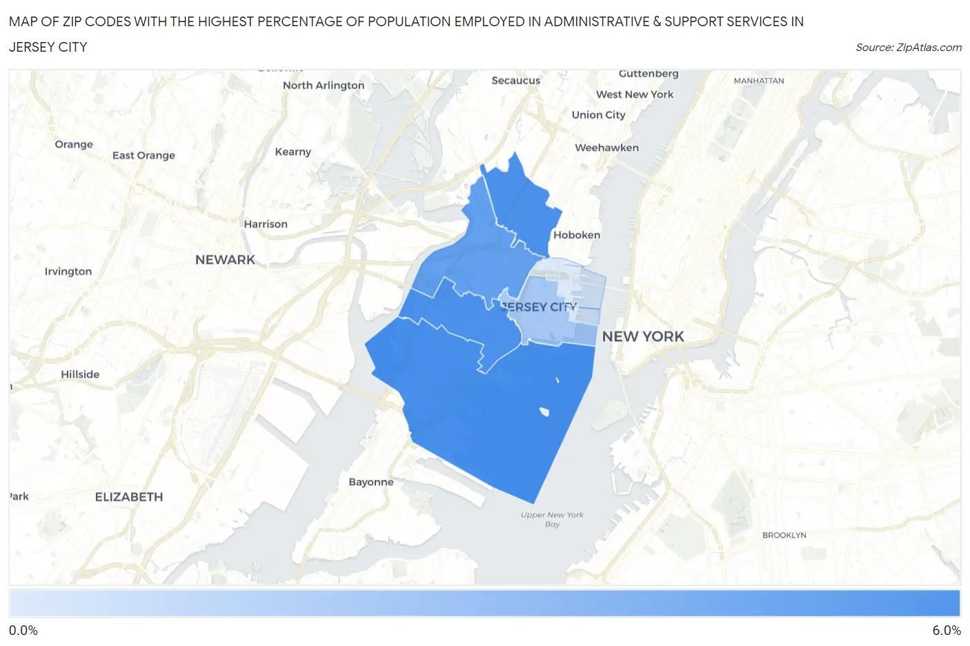 Zip Codes with the Highest Percentage of Population Employed in Administrative & Support Services in Jersey City Map