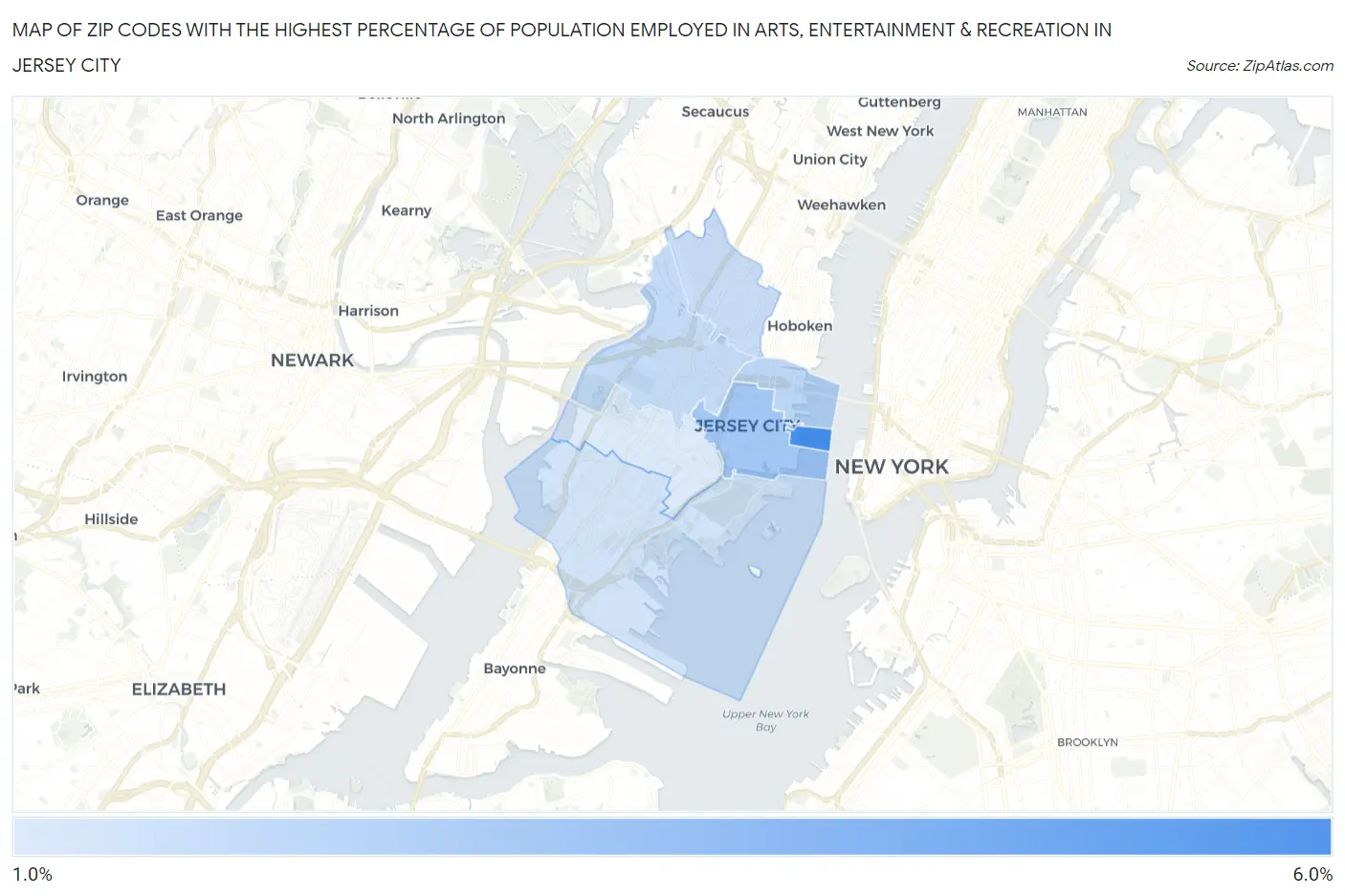 Zip Codes with the Highest Percentage of Population Employed in Arts, Entertainment & Recreation in Jersey City Map