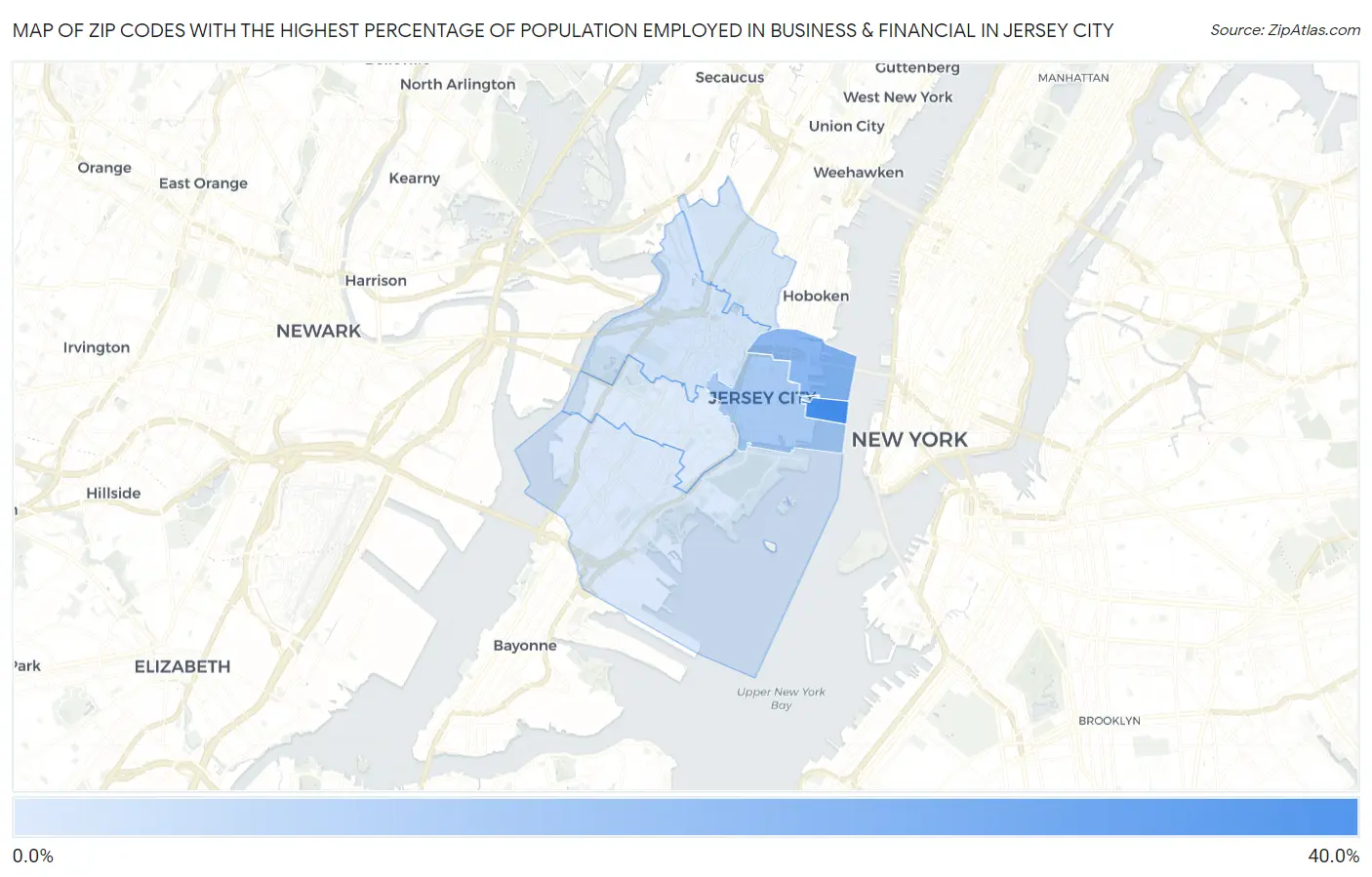 Zip Codes with the Highest Percentage of Population Employed in Business & Financial in Jersey City Map